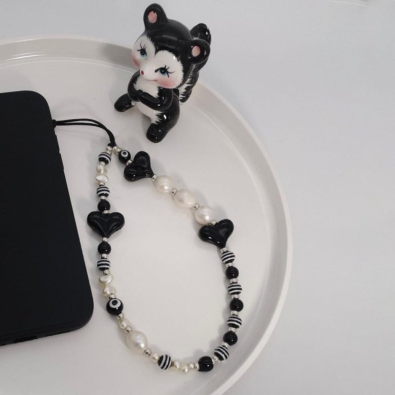 WCCH Beaded Phone Charm Y2K Kawaii Handmade Acrylic Phone Lanyard Wrist Strap for Camera Bag Airpods Keychain Charm Black Heart with White Pearls - Image 2